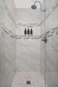 a bathroom with a shower with three bottles on a shelf at Spacious home near Anschutz/DIA in Aurora