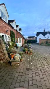 een stenen straat met potplanten voor de huizen bij Holly Cottage 