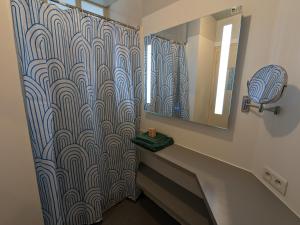 a bathroom with a shower curtain and a mirror at Hyper Centre La Roche sur Yon - Appartement spacieux et lumineux in La Roche-sur-Yon