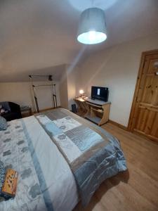 a bedroom with a large bed and a desk with a laptop at Country Haven eircode H54 AK31 in Galway