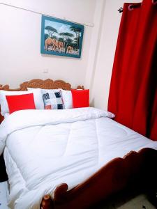 una camera da letto con un grande letto con una tenda rossa di @princess Dee a Meru