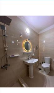 een badkamer met een wastafel, een toilet en een spiegel bij pyravista in ‘Ezbet `Abd el-Ḥamîd