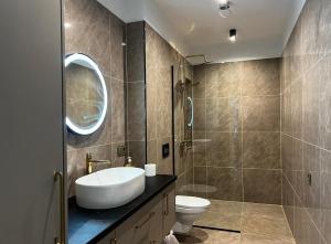 a bathroom with a sink and a toilet at Raina apartment Gold in Jelgava