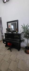 a black piano with a mirror and a potted plant at Hostal Fenix in Jerez de la Frontera