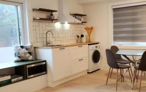 a kitchen with a sink and a washing machine at Private apartment with garden, 25 min to Downtown in Toronto