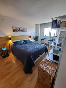 um quarto com uma cama grande e almofadas azuis em Gran apartamento familiar em Granada