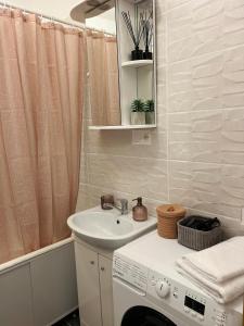 y baño con lavabo y lavadora. en Mežaparka apartamenti, en Jēkabpils