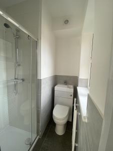 a bathroom with a toilet and a shower and a sink at Cosy 3BD Guesthouse w/ Private Bathrooms in Northampton
