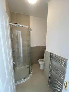 a bathroom with a shower and a toilet at Cosy 3BD Guesthouse w/ Private Bathrooms in Northampton