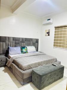 1 dormitorio con 1 cama grande y cabecero en Exotic 2 BR Apartment at Wuye, Abuja - Wifi,Netflix, en Abuja