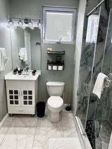a bathroom with a toilet and a sink and a shower at BYRD’S Oasis Apartment in Kingston