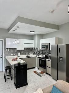 a kitchen with a refrigerator and a counter top at BYRD’S Oasis Apartment in Kingston