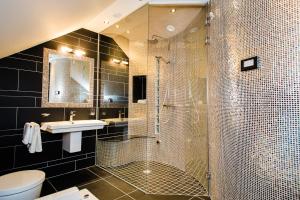 y baño con ducha y lavamanos. en Luxury Townhouse, en Dublín