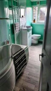 a green bathroom with a tub and a toilet at GWR Dickson's B&B in Wick