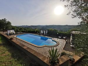 a swimming pool in a garden with a view of the hills at Le Capannacce in Cinigiano
