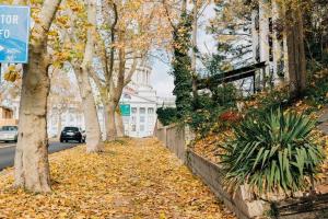 una acera cubierta de hojas junto a un edificio en Cozy Apartment a few steps from The Capitol en Salt Lake City