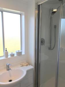 La salle de bains est pourvue d'un lavabo et d'une douche. dans l'établissement Churchill Oasis by the sea, à Tauranga