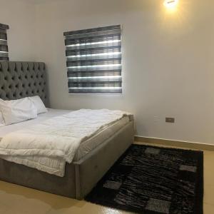 a bedroom with a bed and a window and a rug at Ace shortlet apartment in Abuja