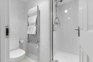 a white bathroom with a shower and a toilet at Little Venice Garden Apartment in London