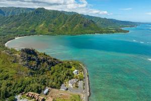 an aerial view of a beach and the ocean at Oceanfront Family Retreat - Views, Wi-fi & A/C in Kaaawa