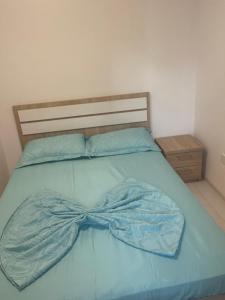 a bed with a blue comforter with a bow on it at Regim Hotelier Heleni in Dudu
