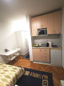 a small kitchen with a table and a microwave at Apartman Mirka 1 in Karaburma