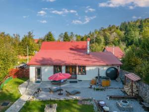 eine Luftansicht eines Hauses mit rotem Dach in der Unterkunft Family friendly house with a parking space Brestova Draga, Gorski kotar - 21977 in Delnice