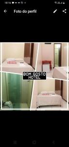 Hotel e Lanchonete Bom Gosto في بوم جيسوس دي لابا: ملصق بصورتين لغرفة بسرير