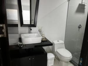 a bathroom with a sink and a toilet and a mirror at Aparta hotel Le Soleil in Cartagena de Indias