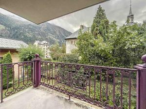 ein Balkon mit einem lila Geländer mit Aussicht in der Unterkunft Chamonix: Appartement 3 pièces avec parking et wifi, 6 pers - FR-1-507-76 in Chamonix-Mont-Blanc
