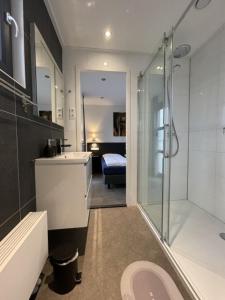 a bathroom with a shower and a toilet and a sink at Enkhuizer Strand Chalet Beach Oase Erste Reihe mit Zaun Haus Nr 248 in Enkhuizen