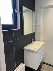 een badkamer met een witte wastafel en een spiegel bij Enkhuizer Strand Chalet Meeresbrise Dritte Reihe mit Zaun Haus Nr 251 in Enkhuizen