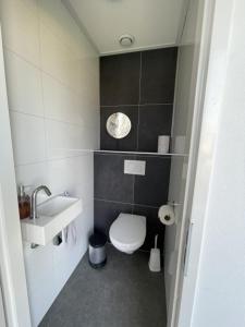 ein kleines Bad mit WC und Waschbecken in der Unterkunft Enkhuizer Strand Chalet Sunkiss Dritte Reihe Haus Nr 217 in Enkhuizen