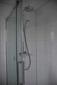 a shower in a bathroom with a glass door at Enkhuizer Strand Chalet Sonnenblume Vierte Reihe mit Zaun Haus Nr 234 in Enkhuizen