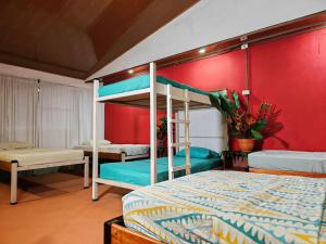 a bedroom with two bunk beds and a red wall at Cabina 1 Sweet Gulf in Puerto Jiménez