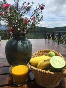 奮起湖的住宿－SunRise 23.5N民宿，花瓶和一篮水果和一杯橙汁