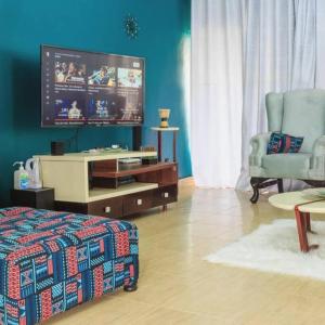 ein Wohnzimmer mit einem TV, einem Bett und einem Stuhl in der Unterkunft City Oasis Home Stays by Siima in Kampala