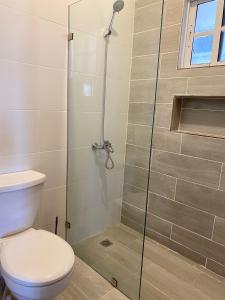 a bathroom with a toilet and a glass shower at Habitación amplia con baño privado en apartamento cerca de la playa in Punta Cana