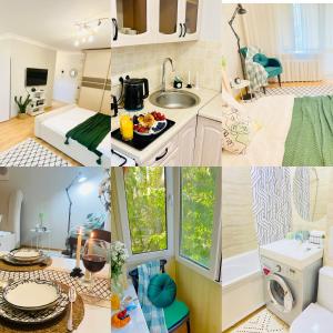 a collage of photos of a kitchen and a living room at Like Home Apartments in Almaty