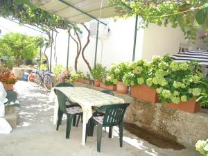 einen Tisch und Stühle auf einer Terrasse mit Topfpflanzen in der Unterkunft Apartment Smi - large terrace in Sućuraj