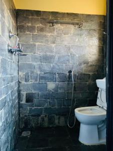a bathroom with a toilet and a brick wall at Bandipur Samira Hotel & Homestay - your comfort in heart of Bandipur in Bandipur