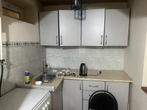 uma pequena cozinha com armários brancos e um lavatório em Forever3 em Osh