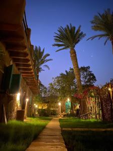 a walkway with a palm tree at night at Nassimah in Giza