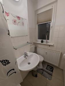 a bathroom with a sink and a toilet and a window at NB Vogelviertel zwei Zimmer Wohnung in Neubrandenburg