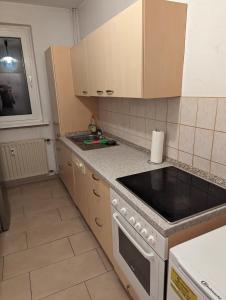 a kitchen with a stove and a counter top at NB Vogelviertel zwei Zimmer Wohnung in Neubrandenburg