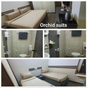two pictures of a room with a bed and a bathroom at Hotel Sapthagiri Nest in Coimbatore