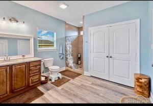 a bathroom with a toilet and a sink and a shower at OceanFront home near HollyBeach in Cameron