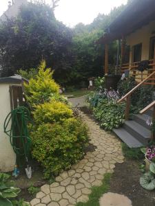 un giardino con cespugli e fiori accanto a una casa di Domek przy lesie 2 a Danzica