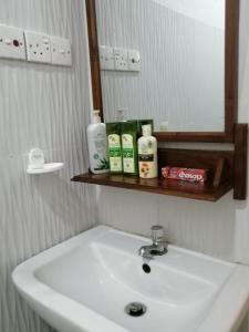 umywalkę w łazience z 2 butelkami mydła i lustrem w obiekcie Jennifer's Villa w Negombo