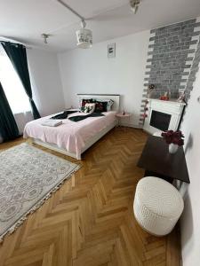 a bedroom with a bed and a fireplace at central place in Braşov
